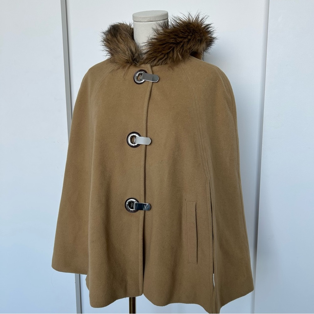 Michael Kors Camel Hooded Wool Cape